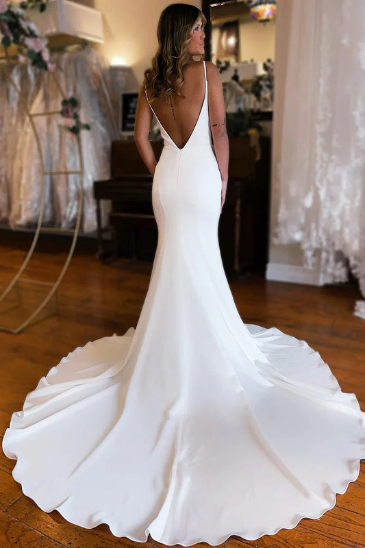 Long Satin Deep V Neck Backless Mermaid Beach Evening Dress With Train
