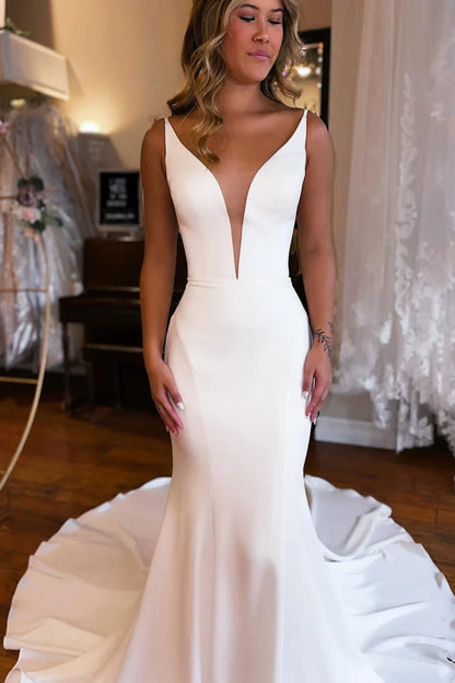 Long Satin Deep V Neck Backless Mermaid Beach Evening Dress With Train