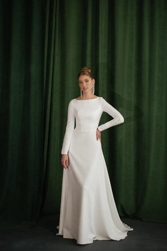 White Satin A‑Line Bateau Long‑Sleeve Button‑Back Chapel‑Train Wedding Dress For Winter