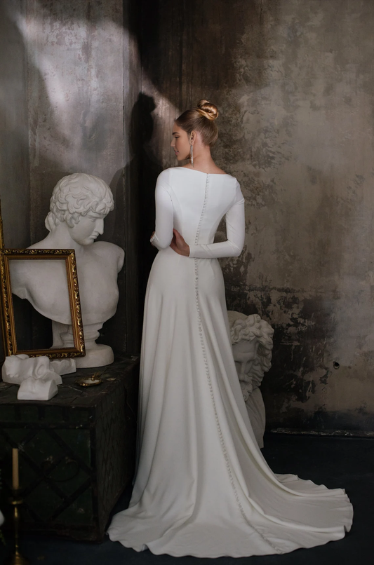 Long Sleeve And High Back Wedding Dress Simple Winter Bridal Gown Reception Dress Modest Wedding Dress With Train