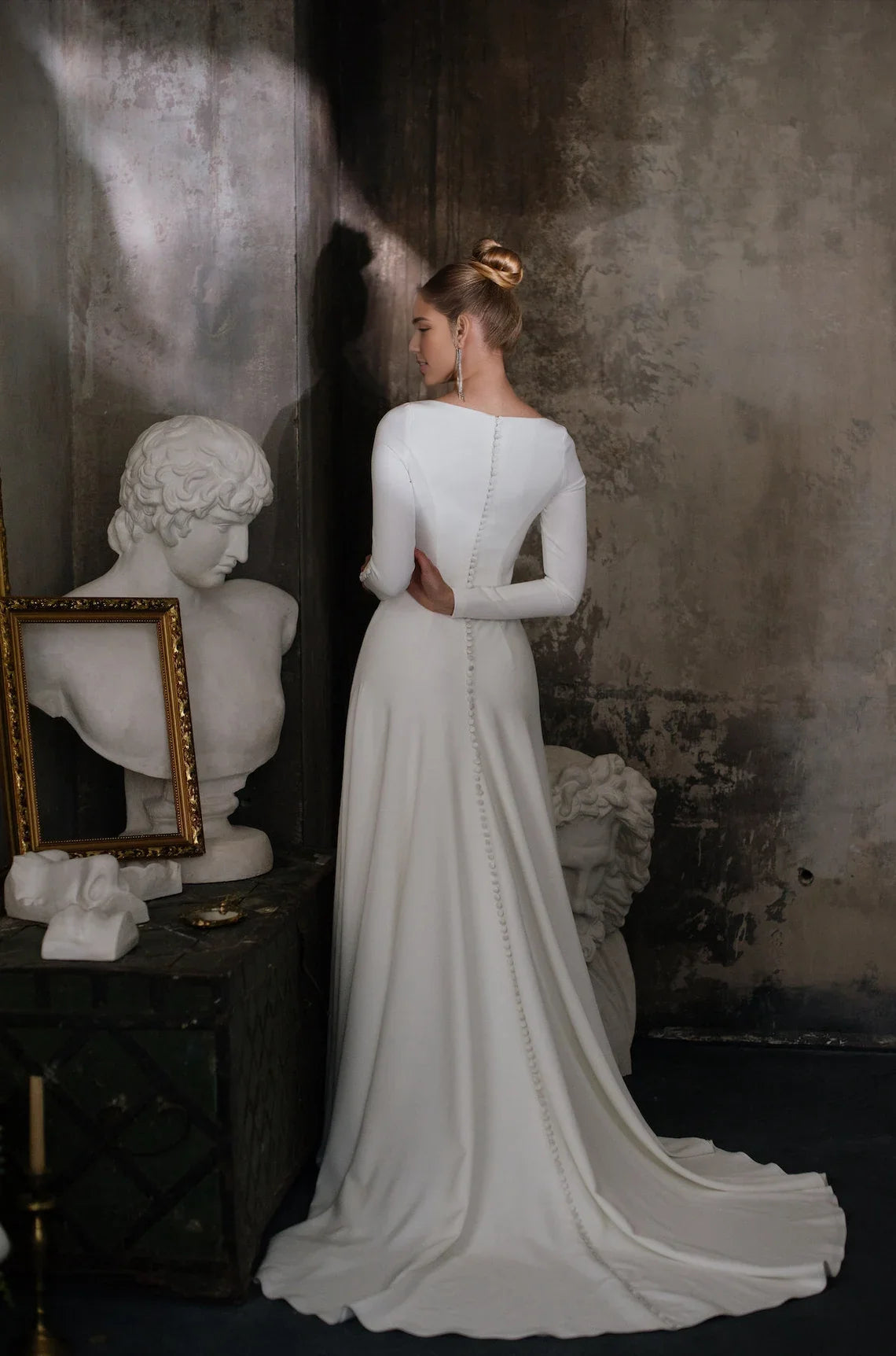 White Satin A‑Line Bateau Long‑Sleeve Button‑Back Chapel‑Train Wedding Dress For Winter