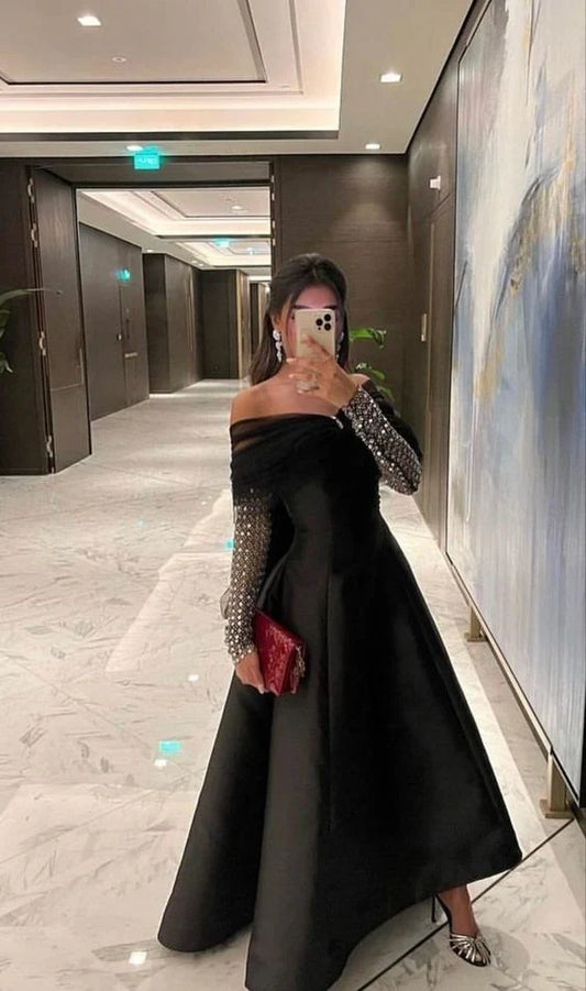 Formal Women's Dresses Black Dreamy Crystal Luxury Evening Dresses Long Sleeve Party Prom Dress Prom Dresses Stores