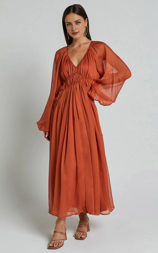 Long Sleeve Ruched Waist Ankle-Length Dress Rust Sheath Solid Color Modern V Neck Full Coverage Evening Dress