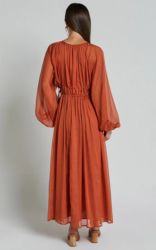 Long Sleeve Ruched Waist Ankle-Length Dress Rust Sheath Solid Color Modern V Neck Full Coverage Evening Dress