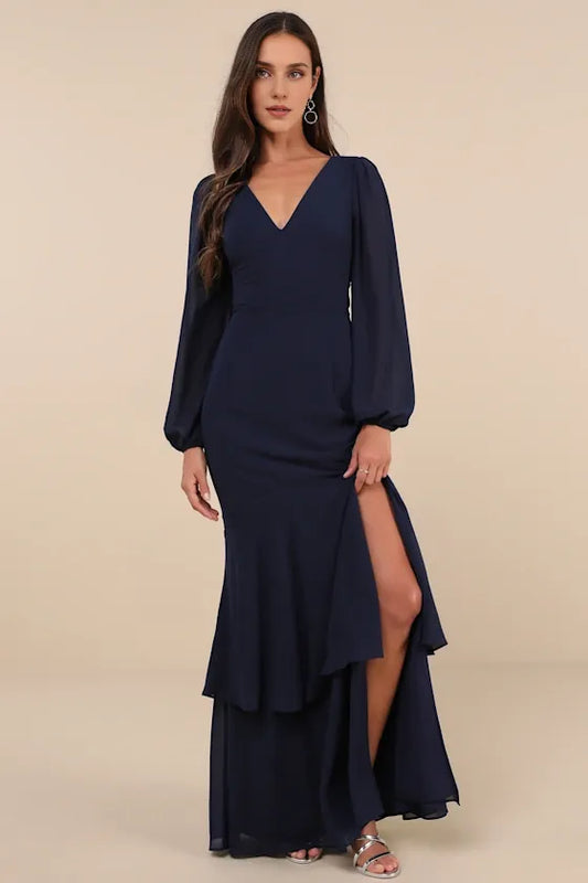 Formal Women's Dresses Tier Elegance Hunter Green Long Sleeve Tiered Maxi Dress Prom Dress Shops