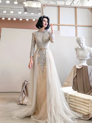 Long Sleeves Floor Length Simple A line High Neckline Tulle Champagne Long Prom Dress