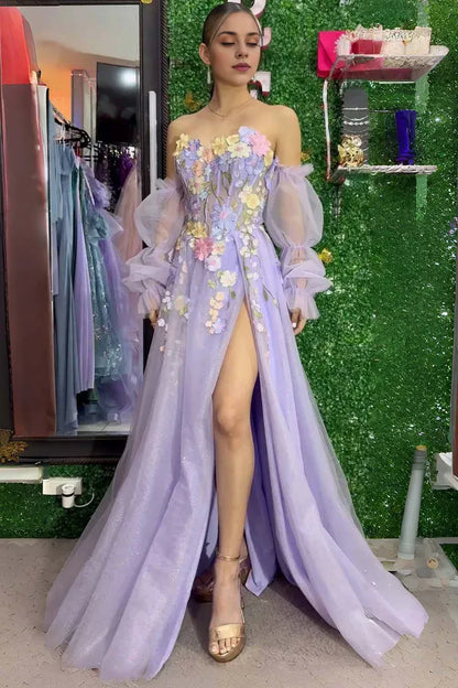 Long Sleeves Off-the-Shoulder Lavender Strapless Prom Dress with 3D Flowers