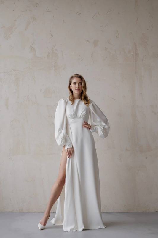 Long Sleeve Wedding Dress Minimalist Open Back Wedding Dress A-line Romantic Bride Dress With Side Hight Slit