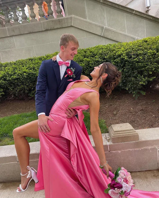 Formal Wear Dresses Pink V Neck Backless Long with Slit Prom Dress Stores With Prom Dresses Formal Women's Dresses