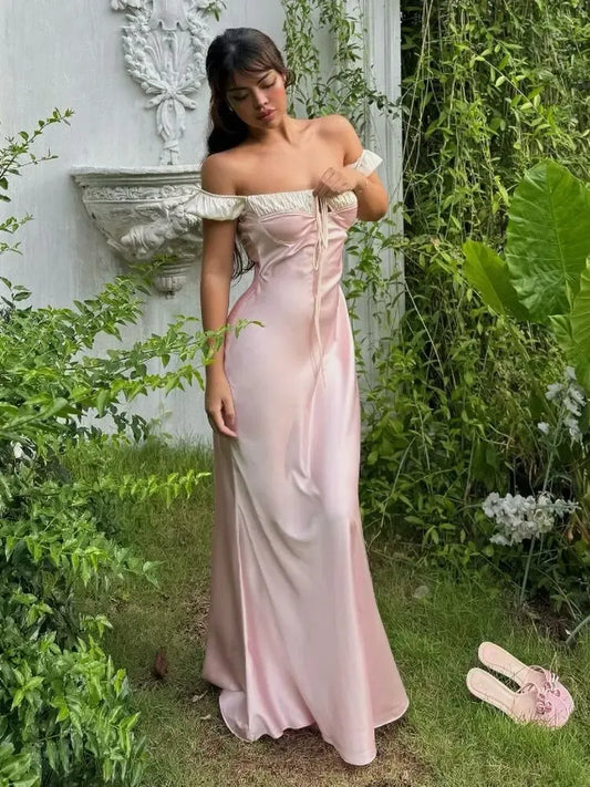 Lovely Mermaid Off-Shoulder Ruched Lace-Up Satin Blush Pink Floor-Length Prom Dress