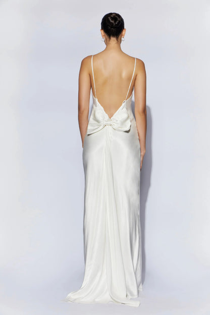 Low Back Maxi Dress With Bow Train Affordable Beach Wedding Dresses No Slit Floor Length Dresses For Wedding
