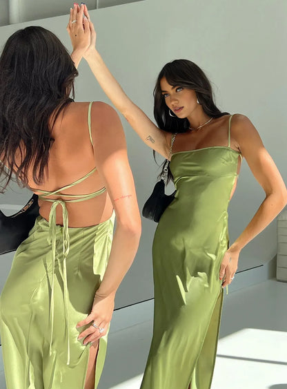 Low cost Bodycon Spaghetti Straps Sleeveless Satin Ankle-Length Prom Dress