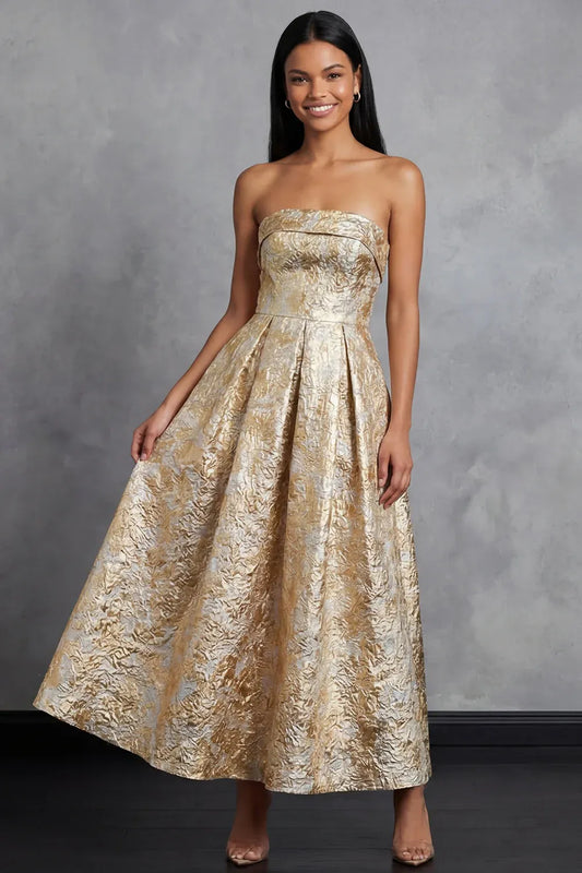 Luxurious A-Line Strapless Sleeveless Brocade Midi Evening Dress