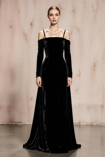 Luxurious A-Line Cold Shoulder Long Sleeve Velvet Sweep/Brush Train Prom Dress