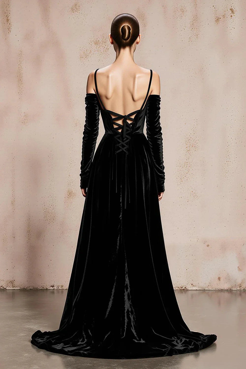 Luxurious A-Line Cold Shoulder Long Sleeve Velvet Sweep/Brush Train Prom Dress