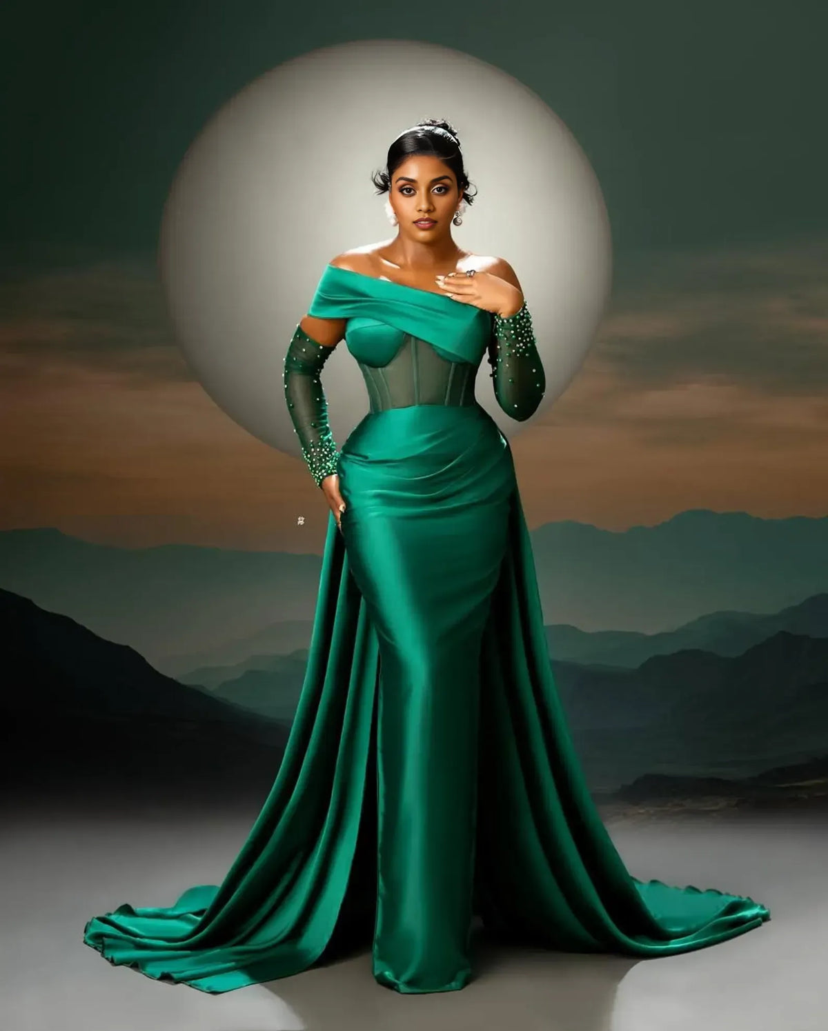 Luxurious Mermaid Off the Shoulder Long Sleeves Pleated Satin Sweep Train Prom Dress