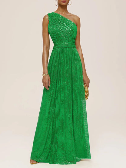 Luxury A-Line One Shoulder Sleeveless Zipper Up Floor-Length Evening Dress