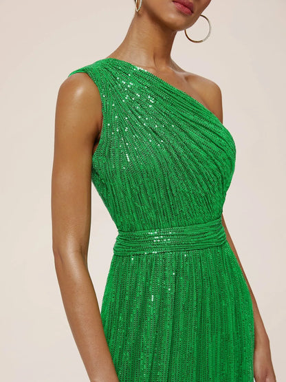 Luxury A-Line One Shoulder Sleeveless Zipper Up Floor-Length Evening Dress