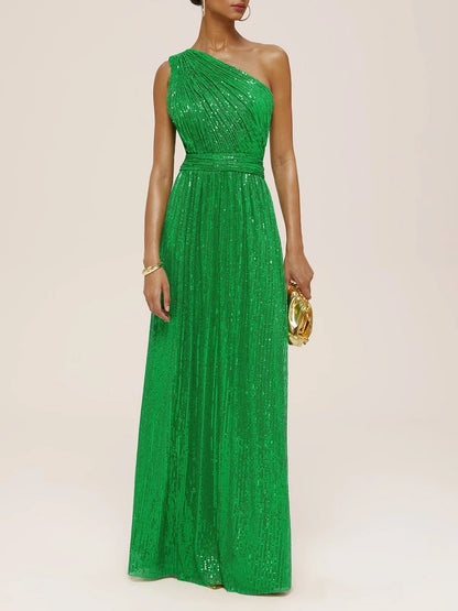 Luxury A-Line One Shoulder Sleeveless Zipper Up Floor-Length Evening Dress