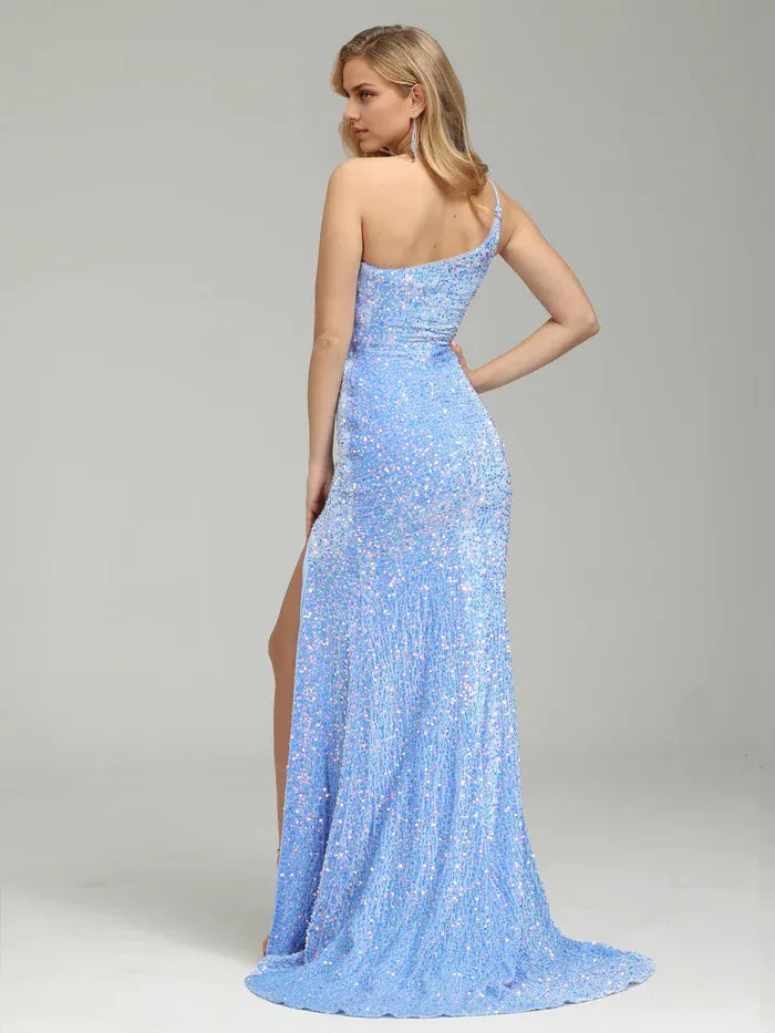Luxury Column One Shoulder Sleeveless Backless Sweep Train Prom Dress