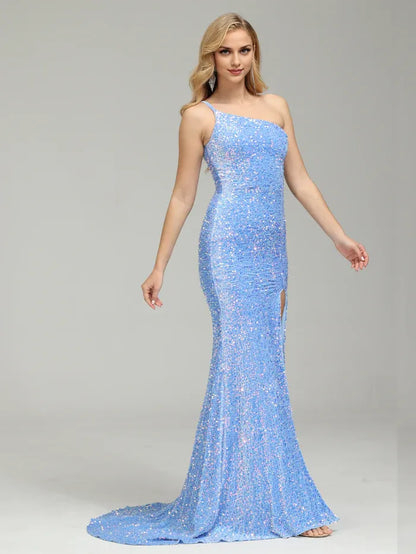 Luxury Column One Shoulder Sleeveless Backless Sweep Train Prom Dress