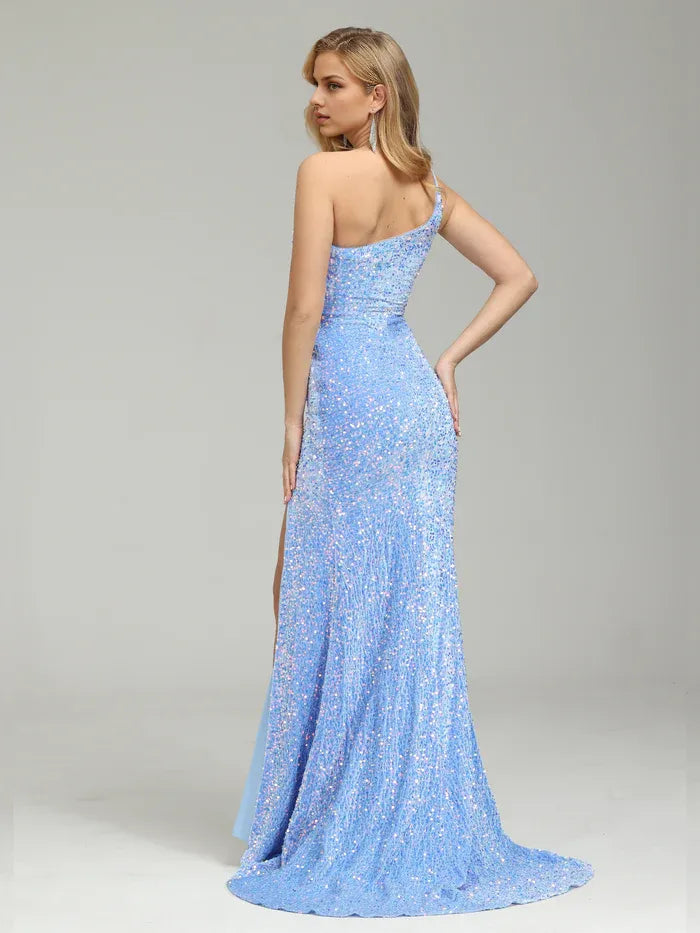 Luxury Column One Shoulder Sleeveless Backless Sweep Train Prom Dress