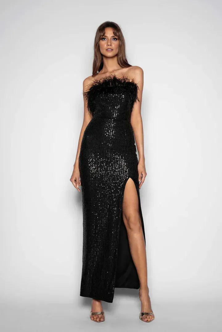 Luxury Fitted Strapless Sleeveless Sequins Ankle-Length Prom Dress