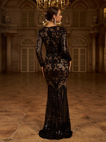 Luxury Mermaid Round Neck Long Sleeve Zipper Up Sweep/Brush Train Prom Dress