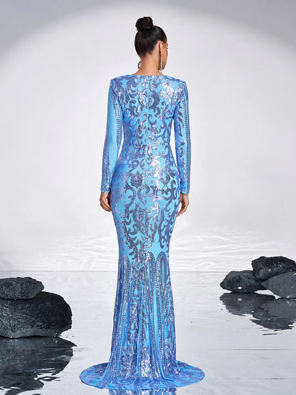 Luxury Mermaid Round Neck Long Sleeve Zipper Up Sweep/Brush Train Prom Dress