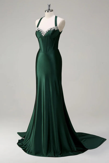Luxury Mermaid/Trumpet Halter-Neck Sleeveless Satin Sweep/Brush Train Evening Dress