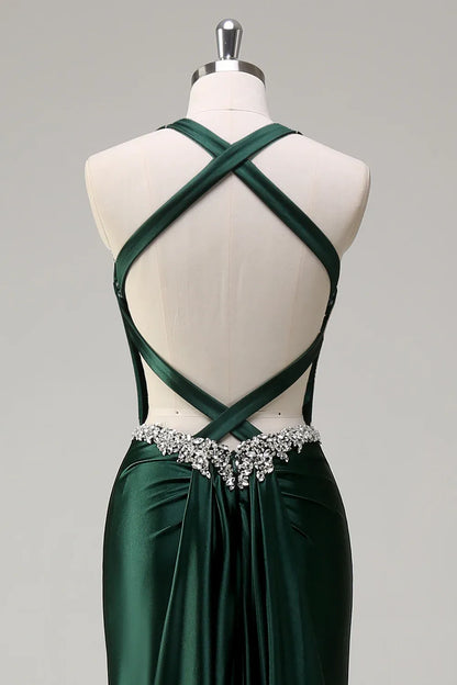 Luxury Mermaid/Trumpet Halter-Neck Sleeveless Satin Sweep/Brush Train Evening Dress