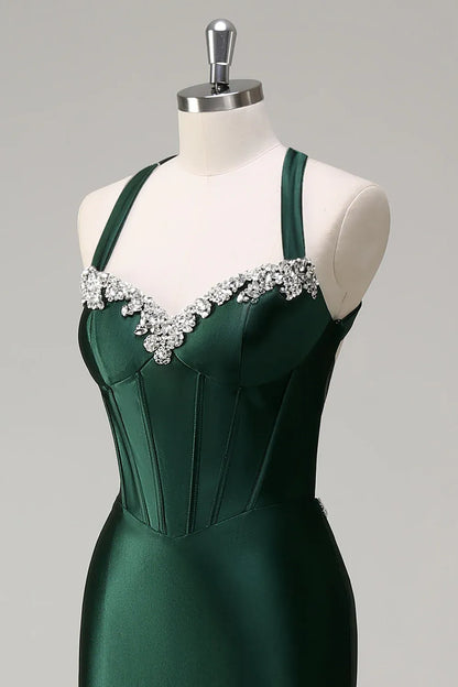 Luxury Mermaid/Trumpet Halter-Neck Sleeveless Satin Sweep/Brush Train Evening Dress