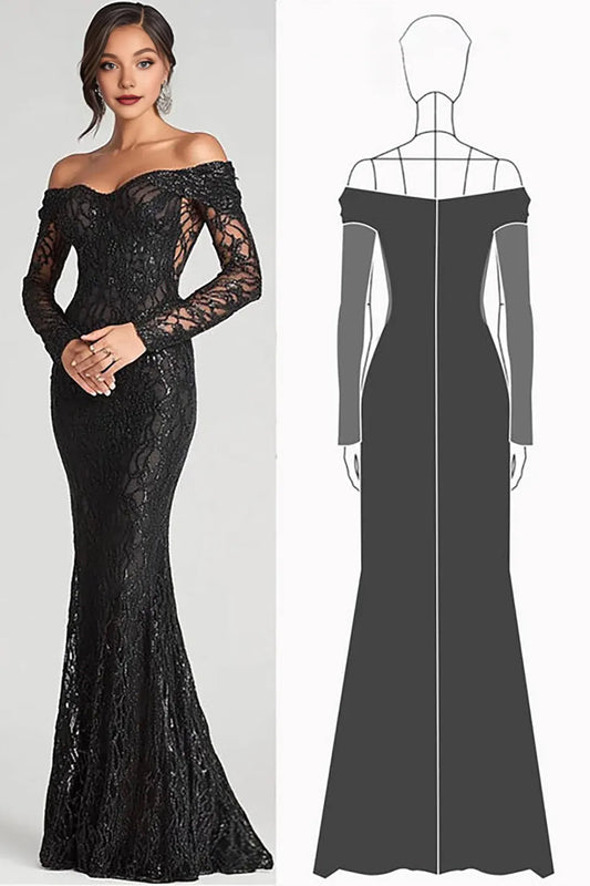 Luxury Mermaid/Trumpet Off The Shoulder Long Sleeve Sequins Floor-Length Prom Dress