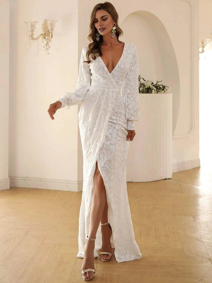 Luxury Mermaid V-neck Long Sleeve Zipper Up Sweep/Brush Train Prom Dress