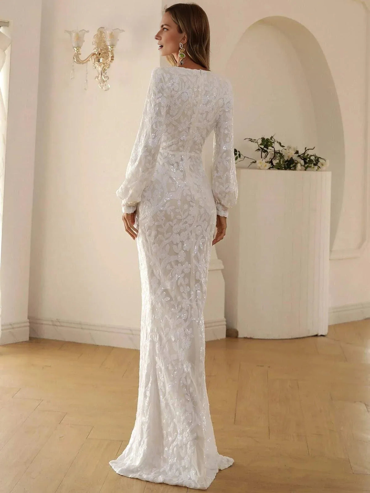 Luxury Mermaid V-neck Long Sleeve Zipper Up Sweep/Brush Train Prom Dress