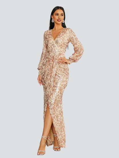 Luxury Mermaid V-neck Long Sleeve Zipper Up Sweep/Brush Train Prom Dress