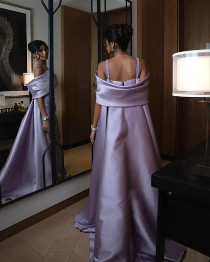 Luxury Off-The-Shoulder Sheath Sleeveless Pleated Satin Sweep Train Evening Dress