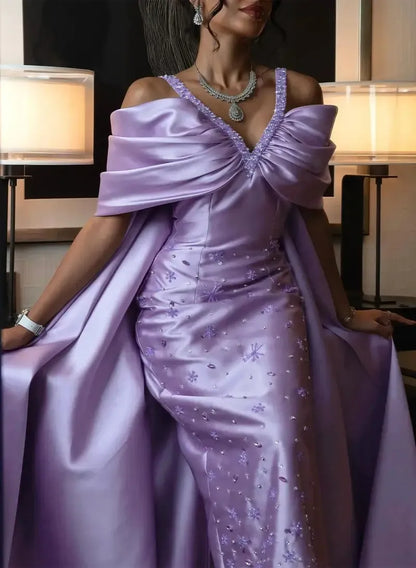 Luxury Off-The-Shoulder Sheath Sleeveless Pleated Satin Sweep Train Evening Dress