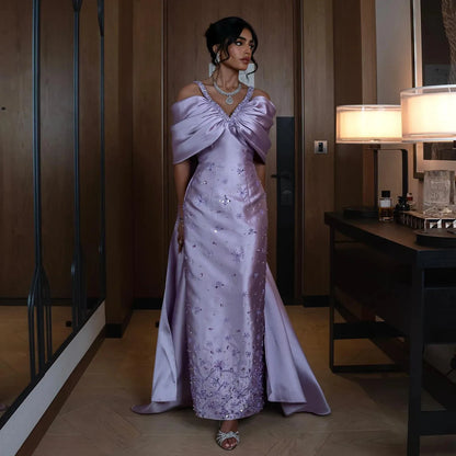 Luxury Off-The-Shoulder Sheath Sleeveless Pleated Satin Sweep Train Evening Dress