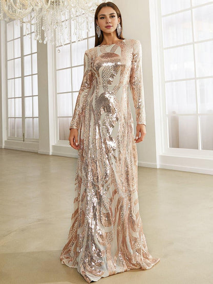 Luxury Sheath High Neck Long Sleeve Back Zip Floor-Length Prom Dress