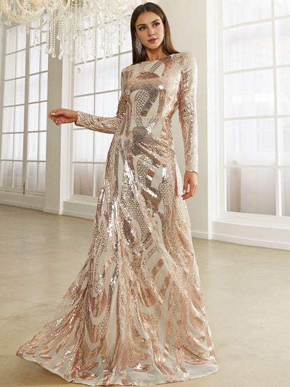Luxury Sheath High Neck Long Sleeve Back Zip Floor-Length Prom Dress
