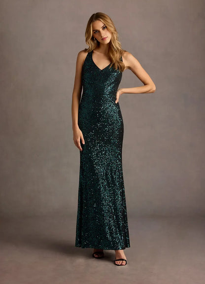 Luxury Sheath V Neck Sleeveless Crisscross Back Floor-Length Evening Dress