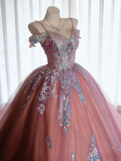 Magical Off Shoulder Spaghetti Strap Corset Sequin Lace Ball Gown Wedding Dress