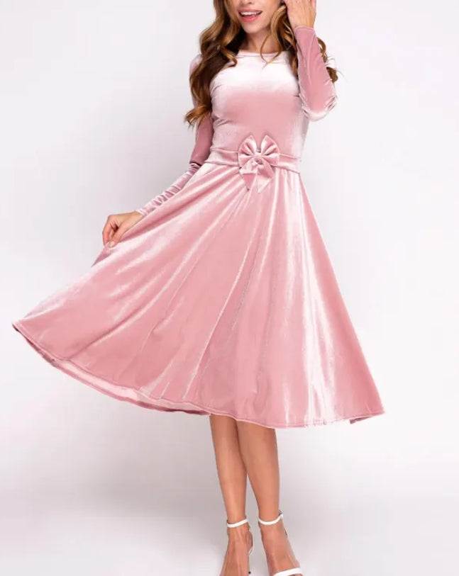 Mauve Velvet Dress Christmas Dress Winter Evening Dress Long Sleeves Bridesmaid Dress Wedding Guest Dress Party Dress With Bow