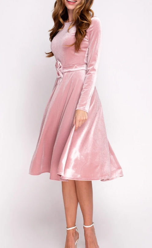Mauve Velvet Dress Christmas Dress Winter Evening Dress Long Sleeves Bridesmaid Dress Wedding Guest Dress Party Dress With Bow