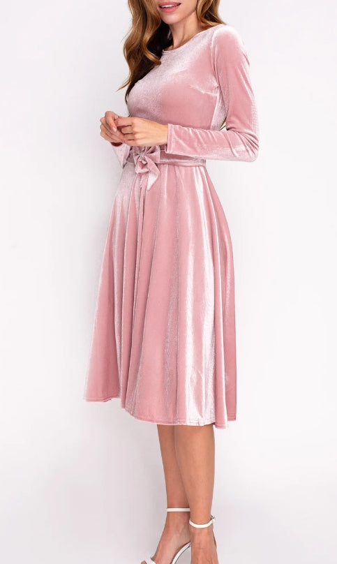 Mauve Velvet Dress Christmas Dress Winter Evening Dress Long Sleeves Bridesmaid Dress Wedding Guest Dress Party Dress With Bow