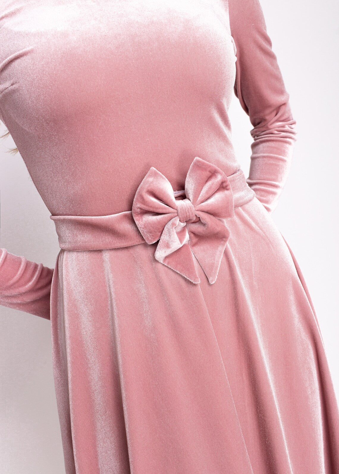 Mauve Velvet Dress Christmas Dress Winter Evening Dress Long Sleeves Bridesmaid Dress Wedding Guest Dress Party Dress With Bow