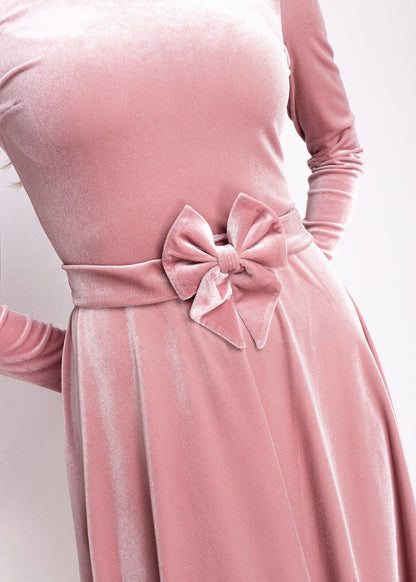 Mauve Velvet Dress Christmas Dress Winter Evening Dress Long Sleeves Bridesmaid Dress Wedding Guest Dress Party Dress With Bow