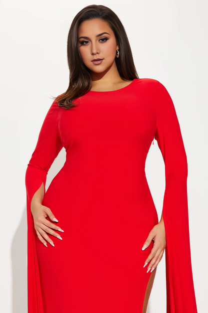 Maxi Dress Red Mermaid Round Neck Long Flutter Sleeves Prom Dress Party Dress With Hight Slit Floor Length