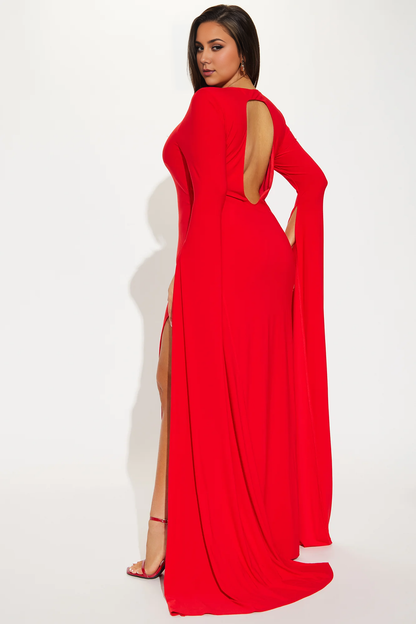 Maxi Dress Red Mermaid Round Neck Long Flutter Sleeves Prom Dress Party Dress With Hight Slit Floor Length